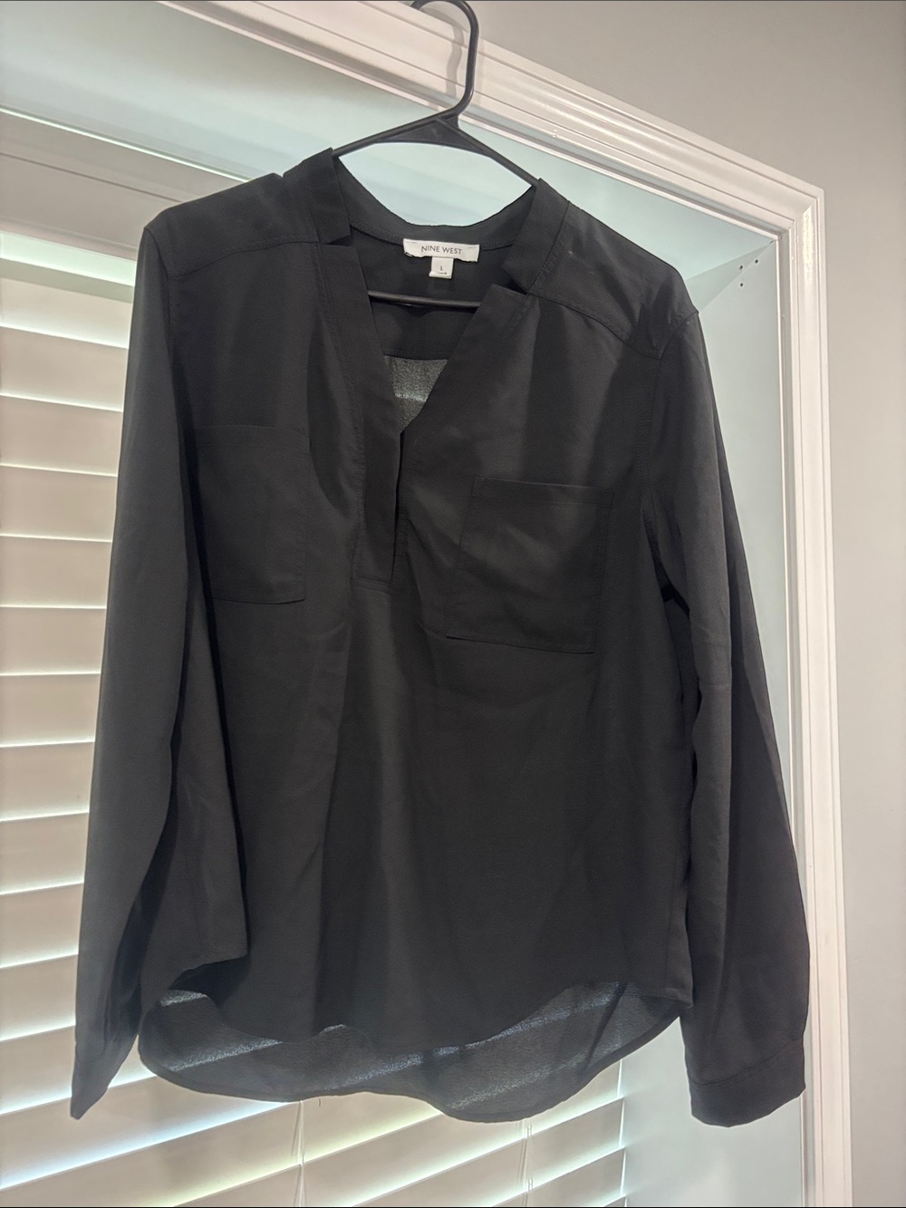 Nine West Black Split V-Neck Long Sleeve Blouse